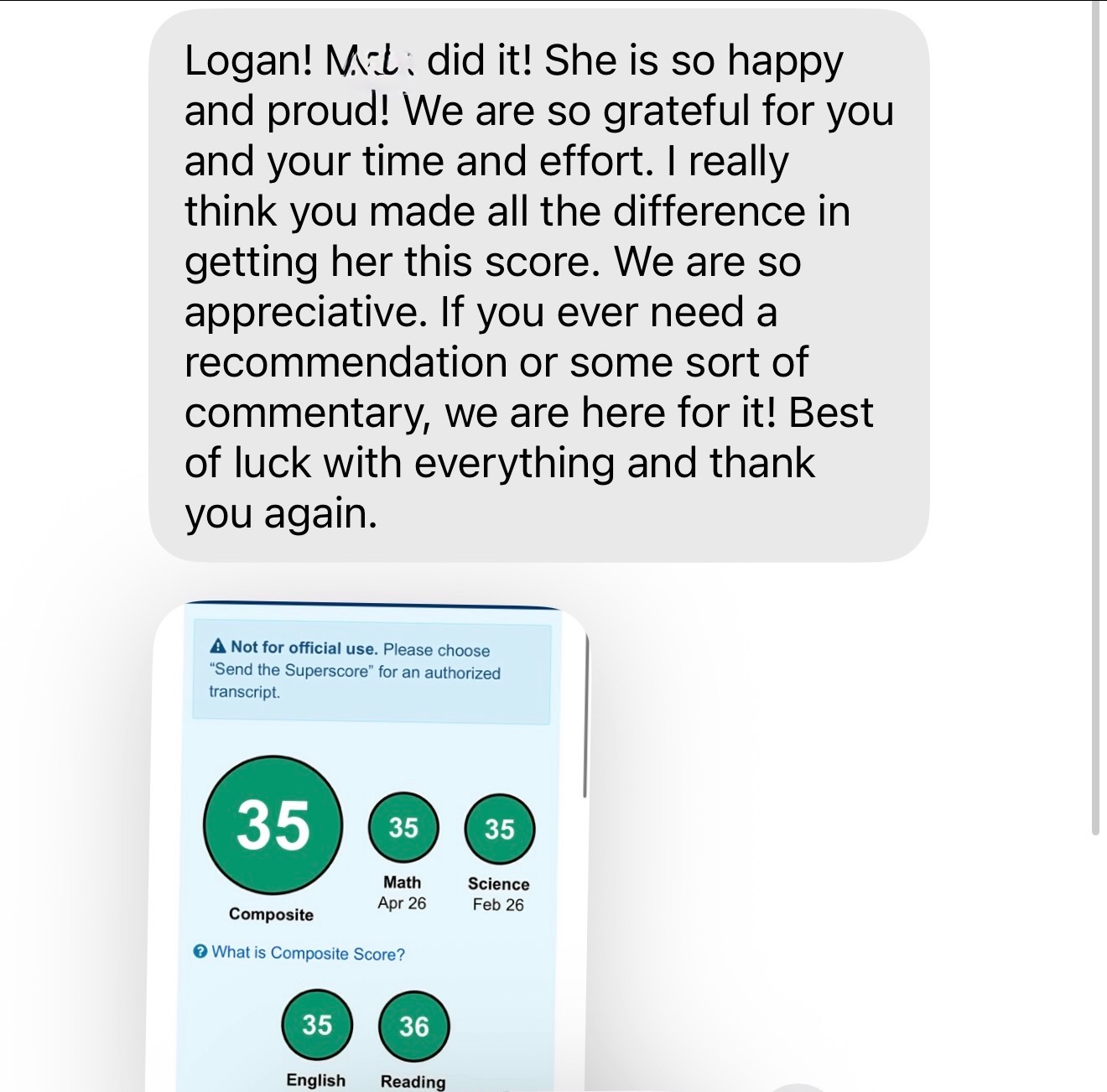 Parent thank-you message and student 35 composite ACT score