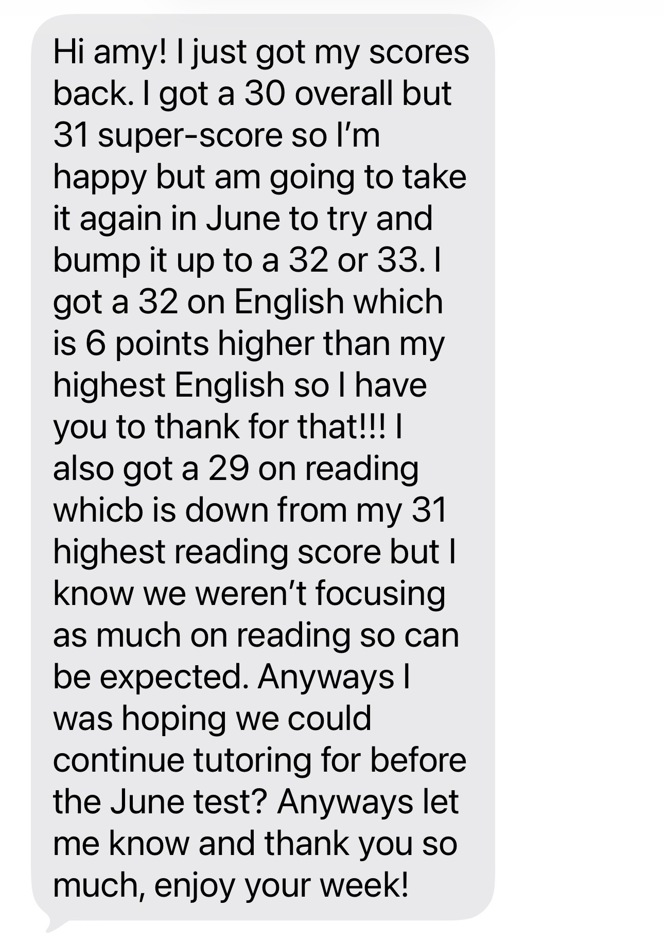 Student ACT score result