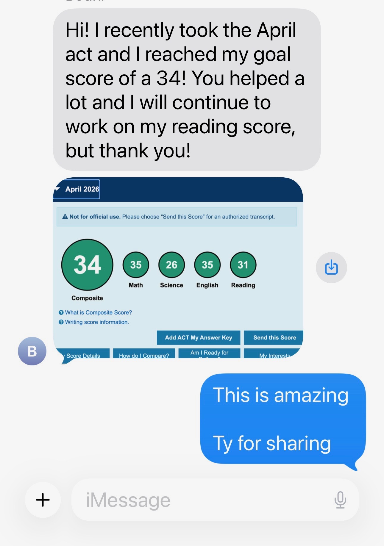 Student reached goal score of 34