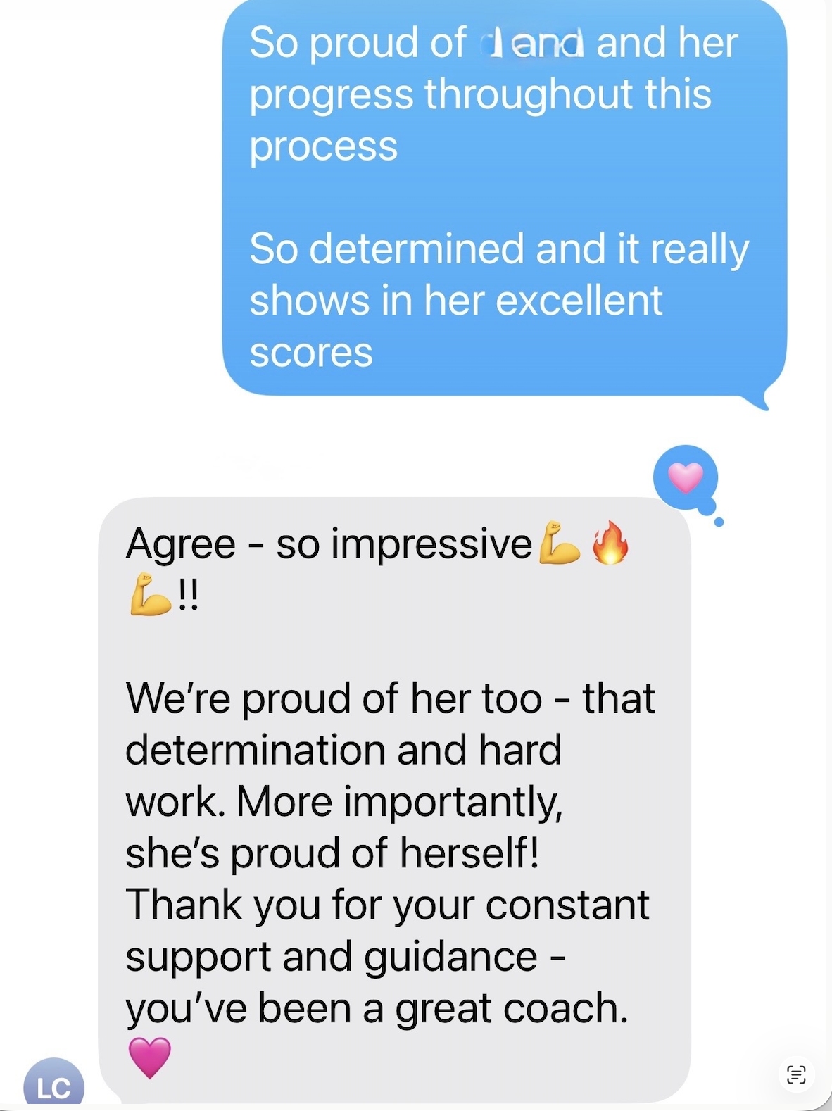 Parent thank-you message praising student's determination and hard work